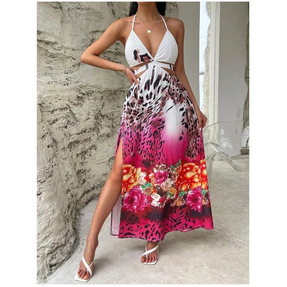 VCAY Floral & Leopard Print Cut Out Tie Backless Split Thigh Halter Dress - Picture 3 of 5
